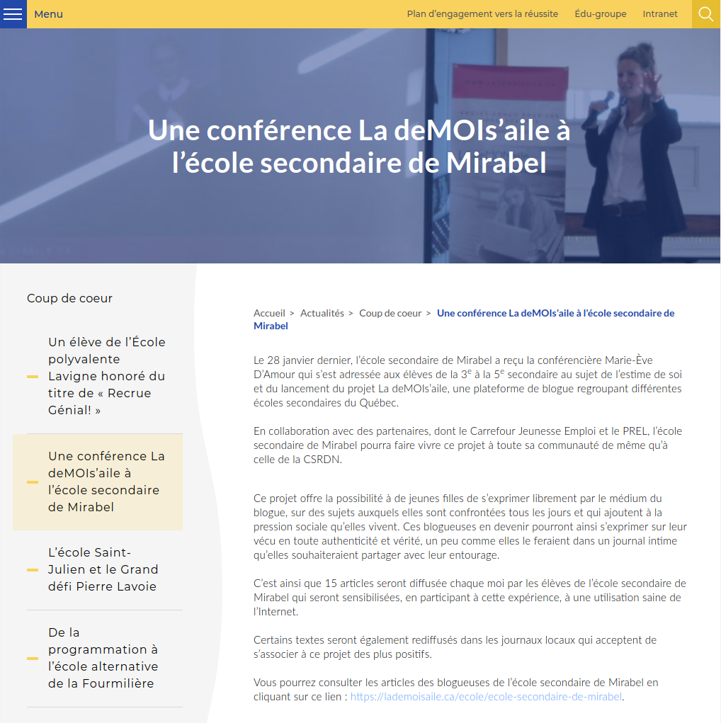 Une conférence La deMOIs’aile à l’école secondaire de Mirabel