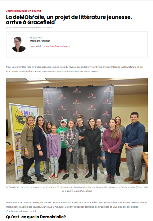 La deMOIs’aile, un projet de littérature jeunesse, arrive à Gracefield